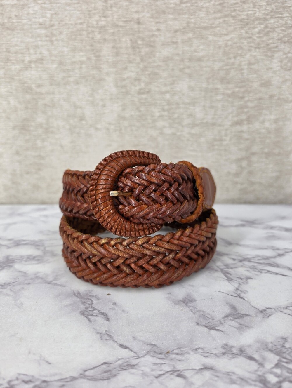 Y2K Leather Belt Woven Braided Orangey Brown Boho Coastal Cowgirl